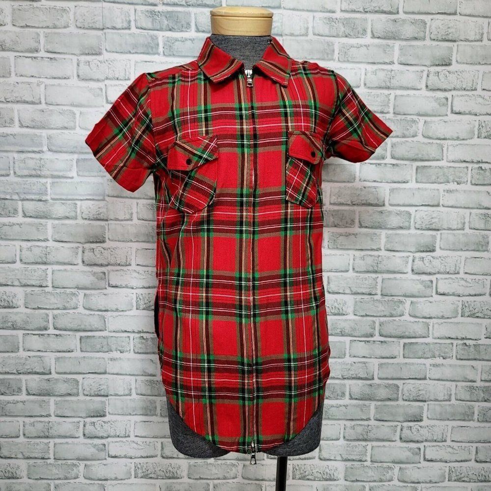 Homme + Femme Mens M Saint Cut Red Tartan Plaid Dbl‎ Zip Shirt Short Sleeve NEW